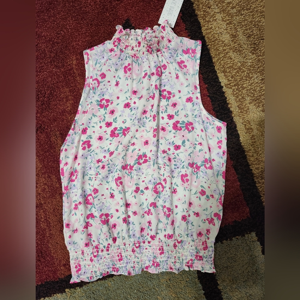 Sienna Sky Smocked Blouse White and Pink with Mandarin Collar